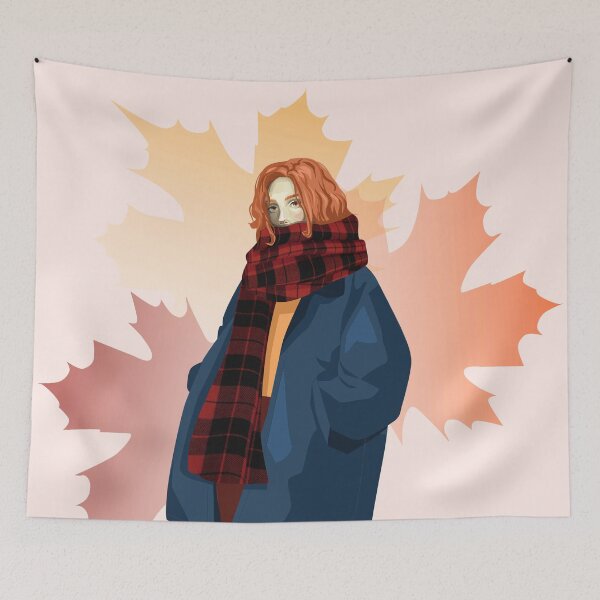 Item preview, a red-haired girl in an oversized jacket on an autumn background with leaves designed and sold by AlinaGil.