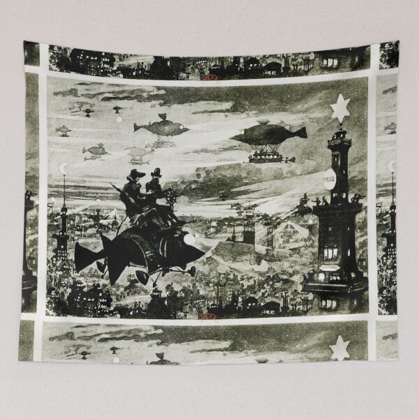 Item preview, Victorian view of the future, flying fish over france Paris la nuit - Albert Robida designed and sold by Vintage Designs +.