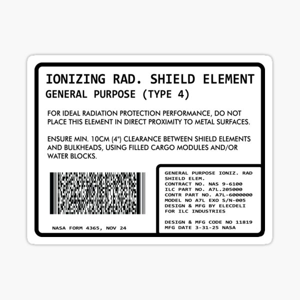 NASA Styled Radiation Shielding Element Label Sticker