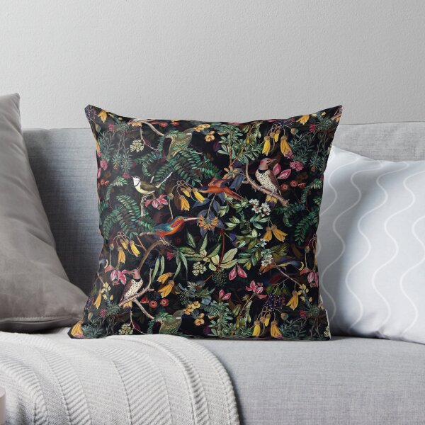 Vintage tropical sing birds and fruits pattern black Throw Pillow