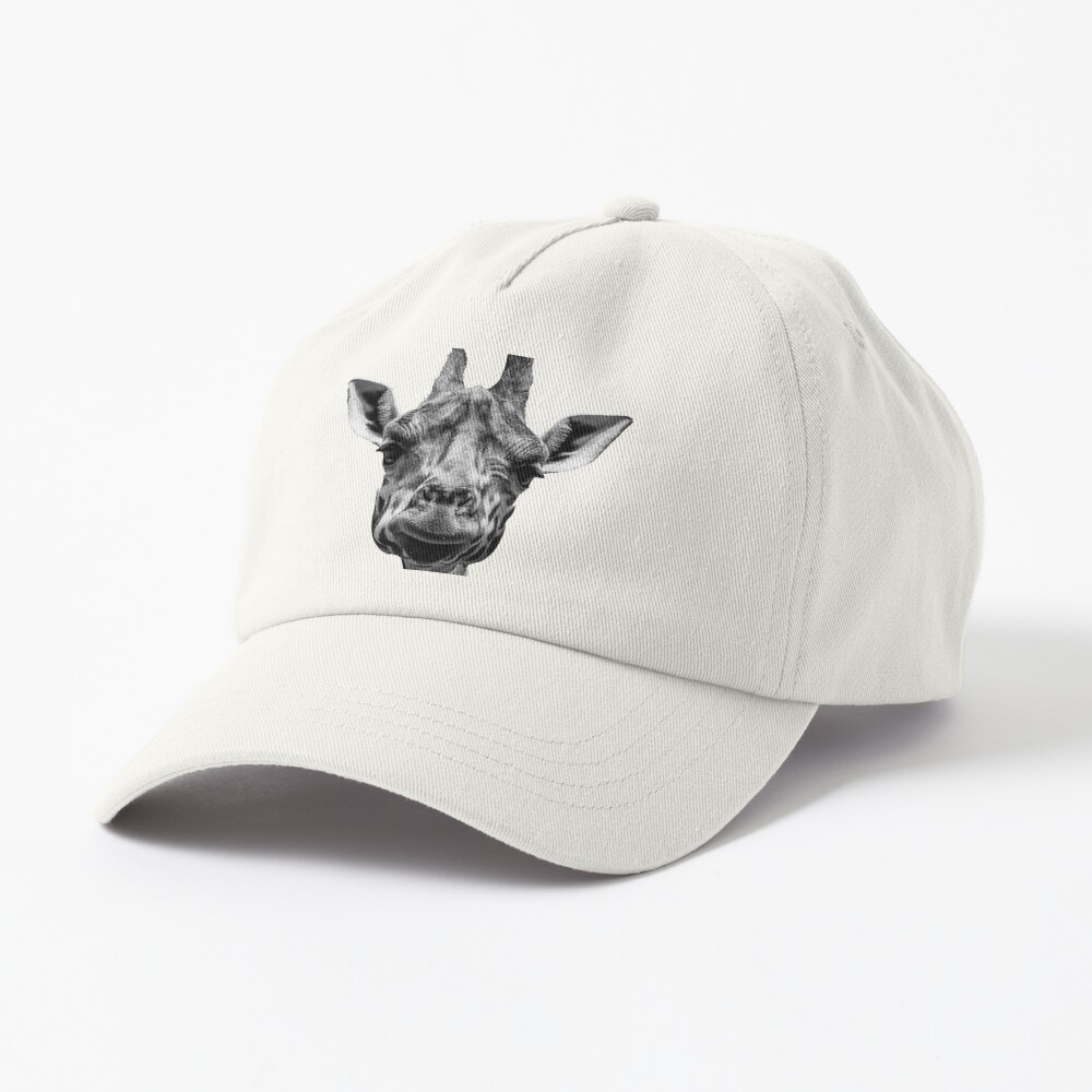 A Cute Giraffe Looking at the Camera in Black and White Cap