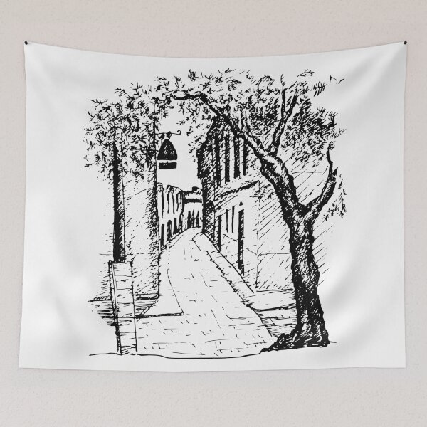 Item preview, Graphic view on old town street, in Spain, with olive tree designed and sold by Osting.