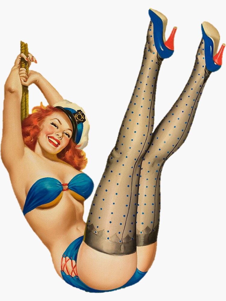 Vintage Sexy Pin-Up Girl In Blue Bikini And Sailors Hat  by Bikerstickers