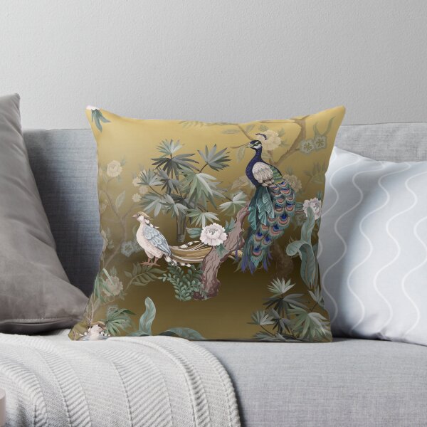 Fengshui Oriental Chinoiserie - Gold Leaf Garden with Peacock and Quail Throw Pillow