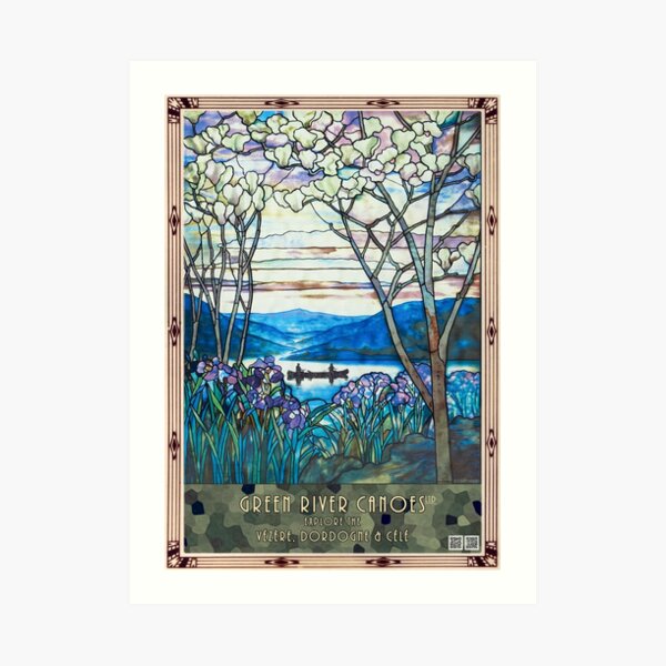 Tiffany window: canoeing, with iris and magnolia Art Print