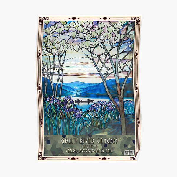 Tiffany window: canoeing, with iris and magnolia Poster