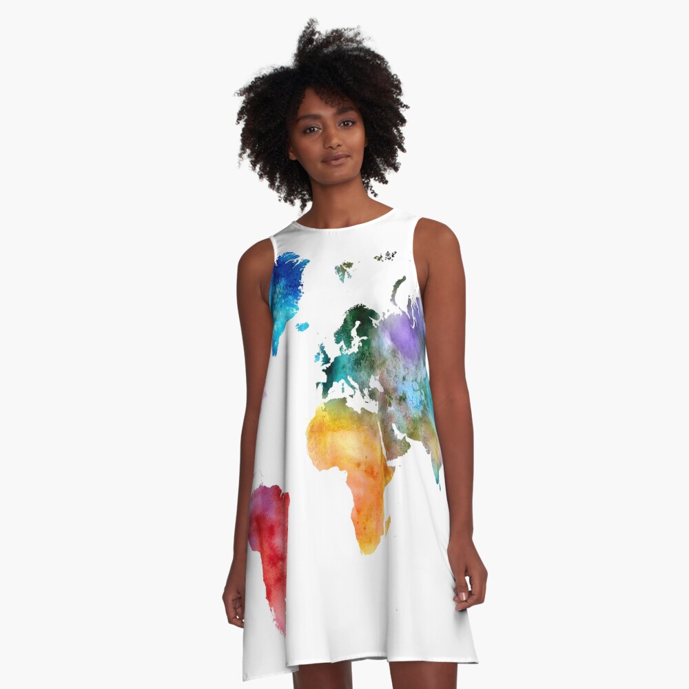 Colorful watercolor map of the world with watercolor A-Line Dress