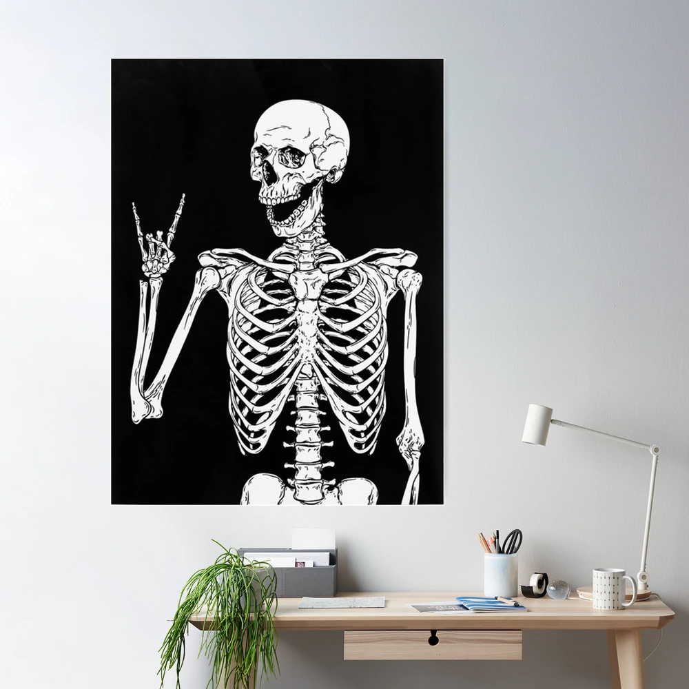 Colour vintage poster on the theme of rock and roll with skeleton