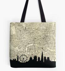 London Skyline over Vintage map Tote Bag