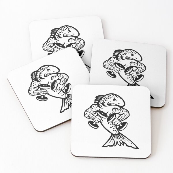 Item preview, Muscular Brown Trout or Salmon Breaking Lifting Dumbbell Weights Cartoon Mascot Black and White designed and sold by patrimonio.
