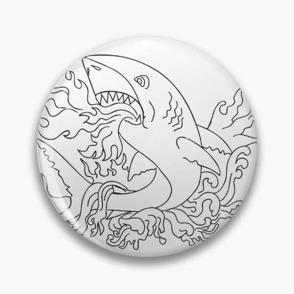Item preview, Shark Breathing Fire Jumping Up with Waves Vintage Tattoo Style Black and White designed and sold by patrimonio.