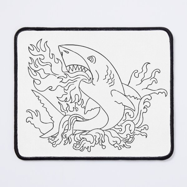 Item preview, Shark Breathing Fire Jumping Up with Waves Vintage Tattoo Style Black and White designed and sold by patrimonio.