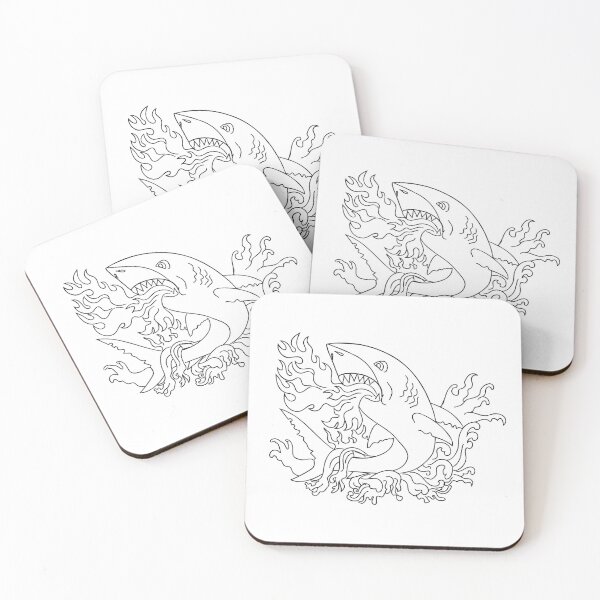 Item preview, Shark Breathing Fire Jumping Up with Waves Vintage Tattoo Style Black and White designed and sold by patrimonio.