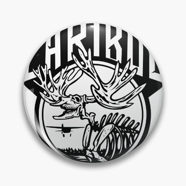 Item preview, Caribou or Reindeer Skull Skeleton Roaring with Airplane and Lake Set Circle Retro Style Black and White designed and sold by patrimonio.