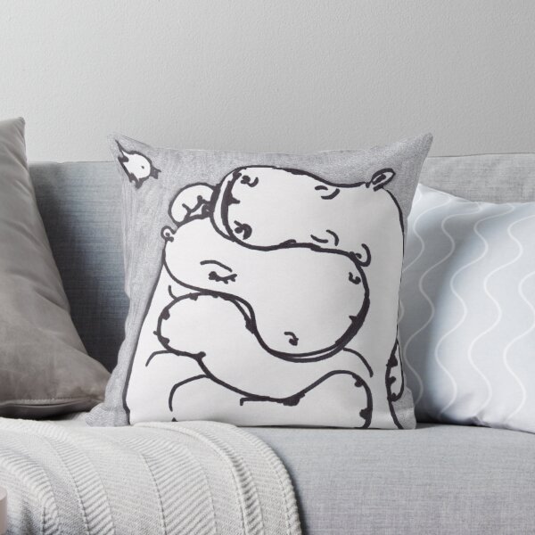 Hippo Hug - Original Drawing Throw Pillow