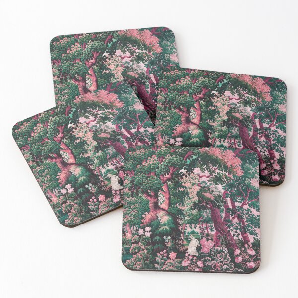 Item preview, WHITE RABBIT AMONG GREENERY,TREES ,ROSES IN WOODLAND LANDSCAPE Pink Green Floral designed and sold by BulganLumini.