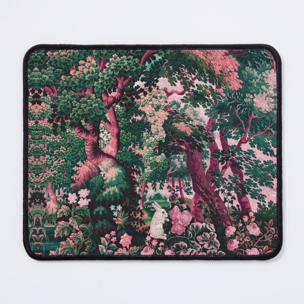 Item preview, WHITE RABBIT AMONG GREENERY,TREES ,ROSES IN WOODLAND LANDSCAPE Pink Green Floral designed and sold by BulganLumini.