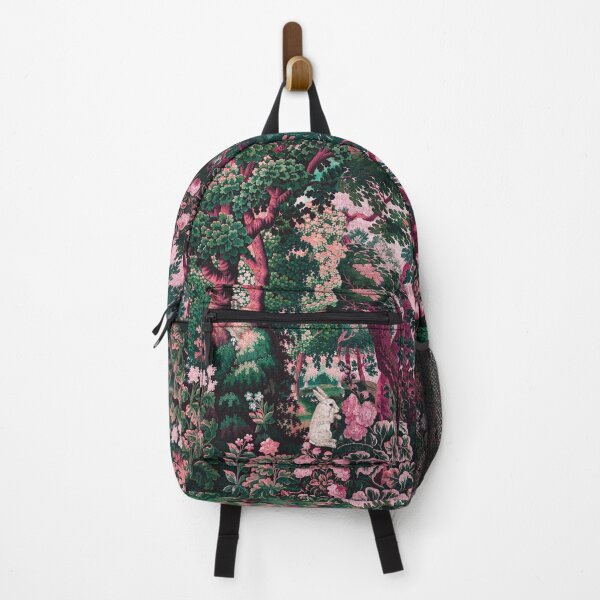 Item preview, WHITE RABBIT AMONG GREENERY,TREES ,ROSES IN WOODLAND LANDSCAPE Pink Green Floral designed and sold by BulganLumini.