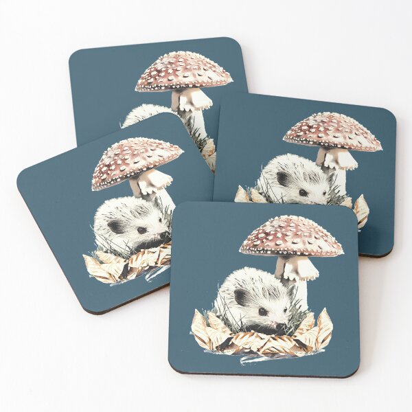 Item preview, Cute little hedgehog with red mushroom and dried fall leaves designed and sold by PurpleMoss.