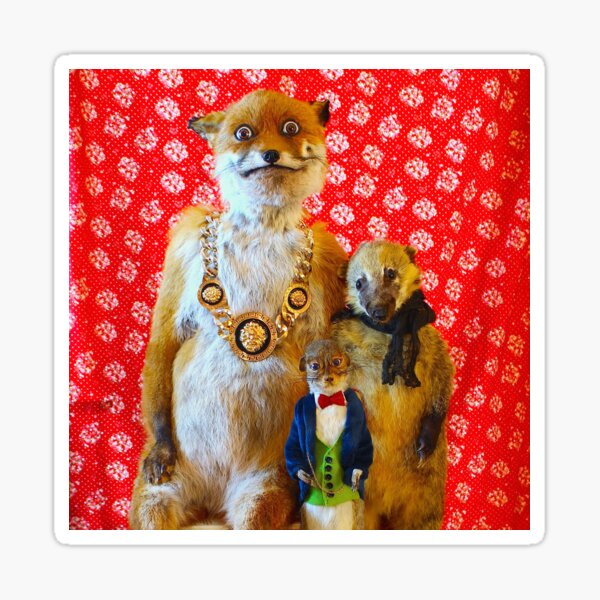 FAMILY PHOTO OF TAXIDERMY FOX, SQUIRREL, COATIMUNDI BY ADELE MORSE Sticker