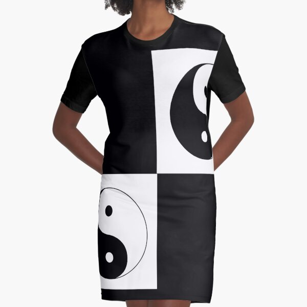 Yin Yang - Black and White - Checkered  Graphic T-Shirt Dress