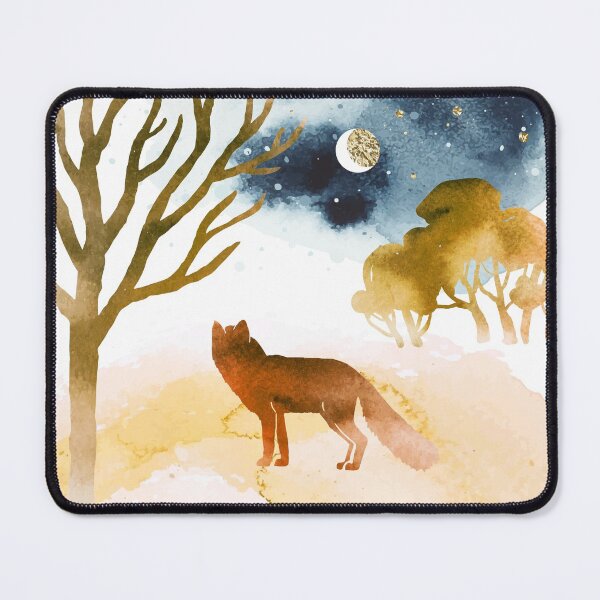 Item preview, Watercolor abstract autumn landscape in blue and orange colors. Illustration of trees and silhouette of fox under night sky. designed and sold by GalinaChe.