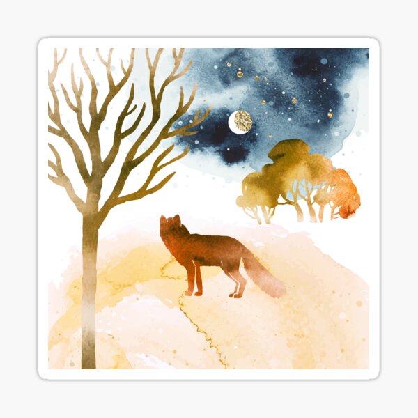 Item preview, Watercolor abstract autumn landscape in blue and orange colors. Illustration of trees and silhouette of fox under night sky. designed and sold by GalinaChe.