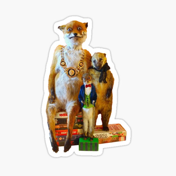 STONED FOX FAMILY PHOTO, TAXIDERMY FOX, SQUIRREL, COATIMUNDI . Sticker