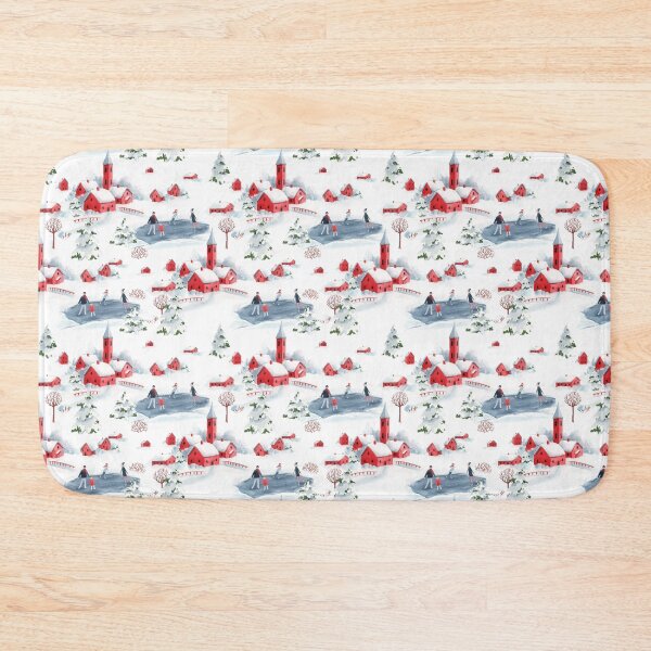Item preview, Snowy New England Winter Landscape with Red Chapels and People Skating designed and sold by oliviaspaper.