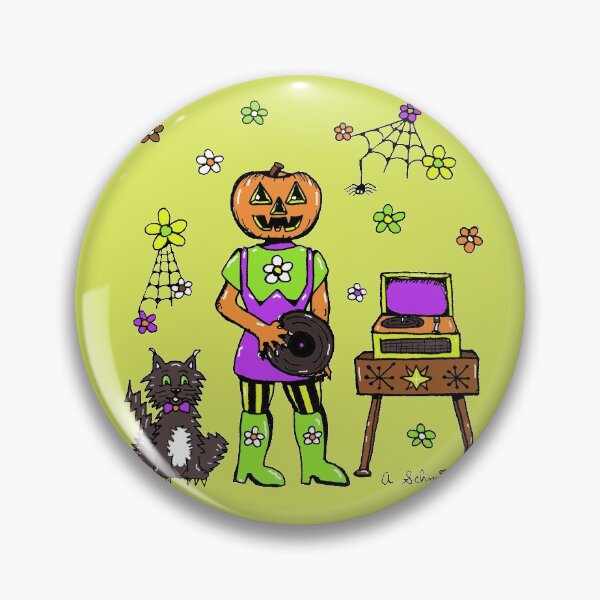Item preview, Retro Inspired Mod Halloween Jack o' Lantern Records Flower Power and Cat Groovy Illustration designed and sold by Intergalactic Unicorn: Art by Anna Schmidt.