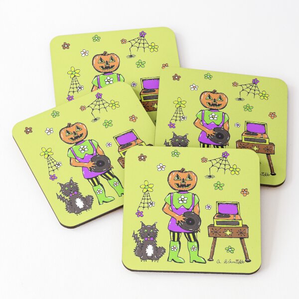 Item preview, Retro Inspired Mod Halloween Jack o' Lantern Records Flower Power and Cat Groovy Illustration designed and sold by Intergalactic Unicorn: Art by Anna Schmidt.