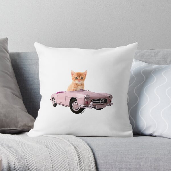 Cat pink car Throw Pillow