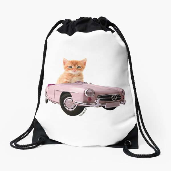 Cat pink car  Drawstring Bag