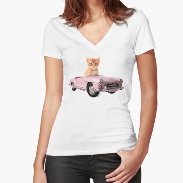 Cat pink car  Fitted V-Neck T-Shirt