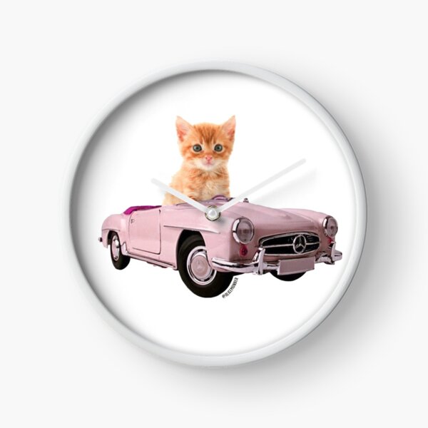 Cat pink car Clock