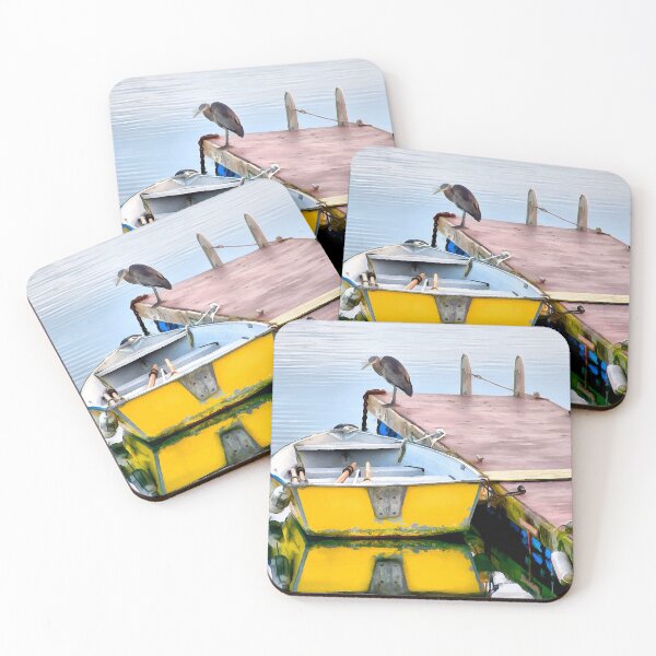Item preview, Yellow Skiff and Great Blue Heron on Lopez Island designed and sold by SeaChangeDesign.