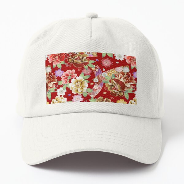 Vibrant Oriental Japanese Floral Fans Pattern. Roses and Abstract Flowers, Fans Dad Hat