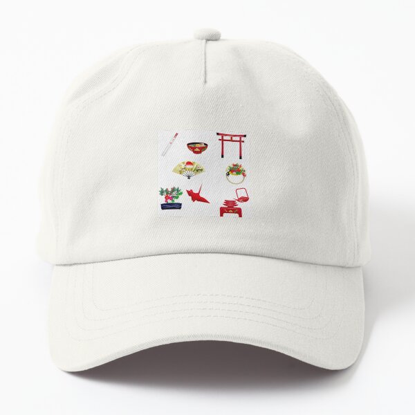 Vibrant Mixed Oriental Japanese Pattern. Abstract Flowers, Fans, Bonsai Dad Hat