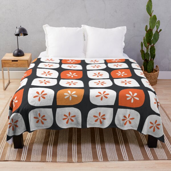 Item preview, Midcentury Modern Geometric Mid Mod Modernist Pattern Black White Burnt Orange Flowers designed and sold by ArtBIU.