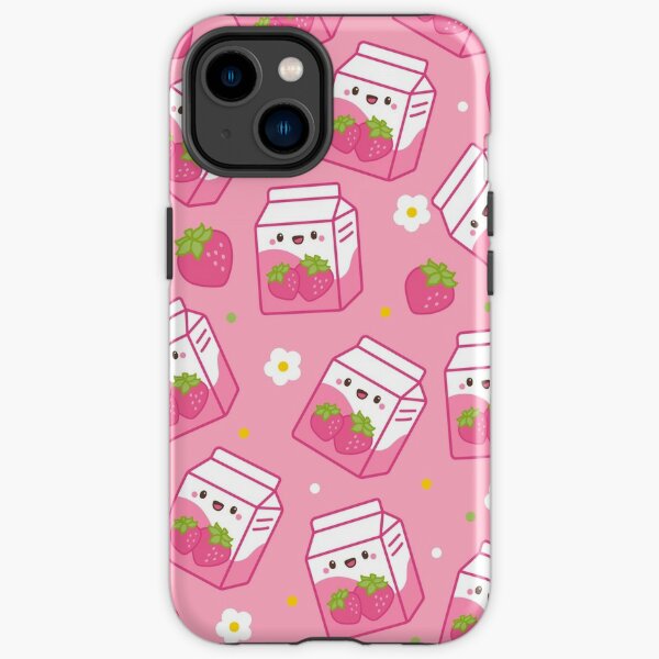 Kawaii Aesthetic Strawberry Milk Pattern with Pink Flowers iPhone Tough Case
