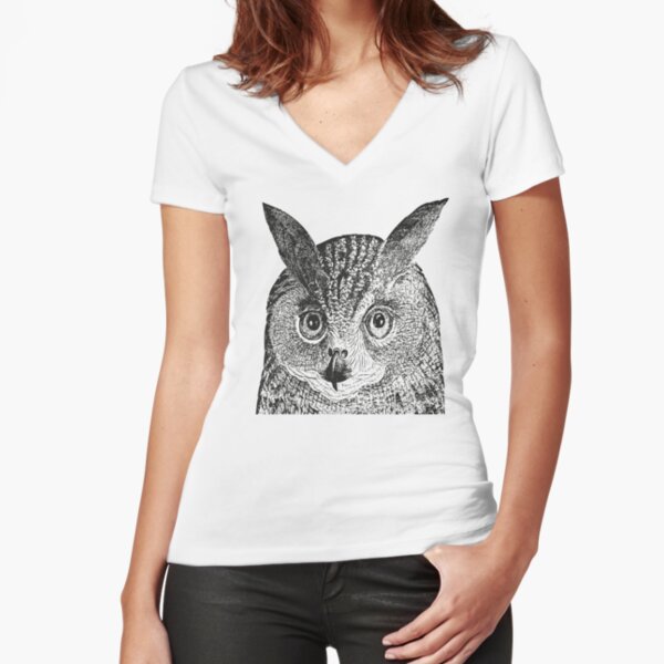 Owl | Vintage Owls | Black and White | Fitted V-Neck T-Shirt