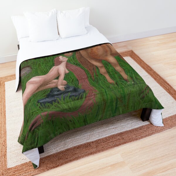 Red Haired Nymph Kissing Horse in Forest Comforter