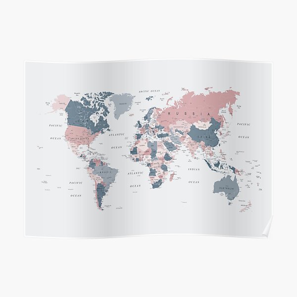 Map of the World in Pink and Blue Poster