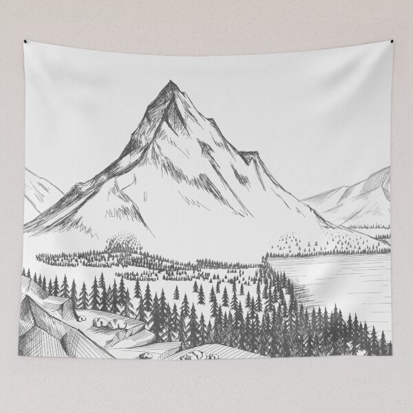 Item preview, Hand Drawn Mountain Lake Pine Tree Forest Rock illustration designed and sold by JTS STORE.