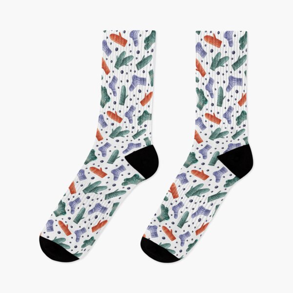 Item preview, Seamless winter pattern with blue Christmas glass balls, knitted socks, and mittens on white background.  designed and sold by BananiLettering.