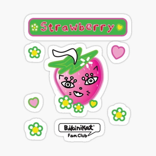 Strawberry BikiniKat with ponytail, hearts, flowers and a ponytail scrunchie Sticker