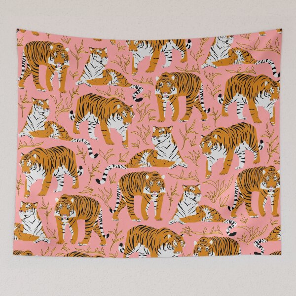 Artikelvorschau, Bengalisches Tigermuster mit Pflanzen und rosa Hintergrund entworfen und verkauft von CiniArt.