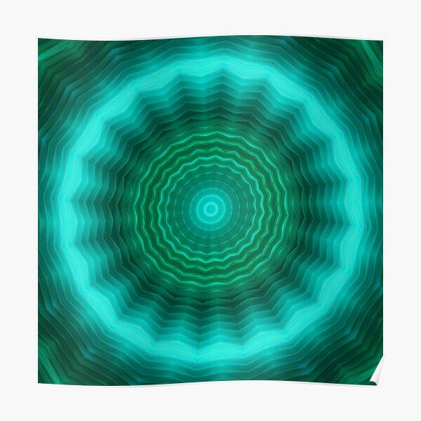 Neon circle background in green tones . Kaleidoscopic pattern. Futuristic mandala. Poster