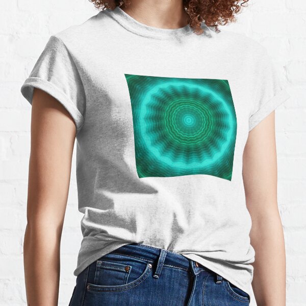 Neon circle background in green tones . Kaleidoscopic pattern. Futuristic mandala. Classic T-Shirt