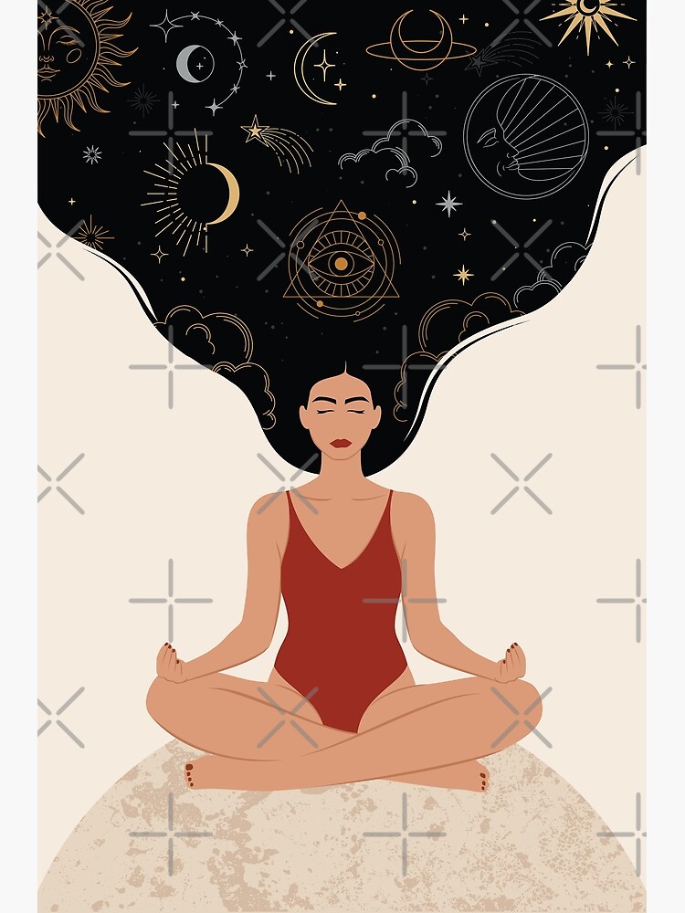 Yoga and meditation woman with sun, moon and stars